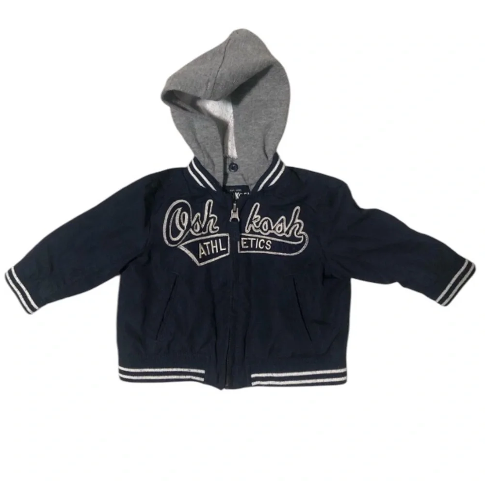 Oshkosh Bgosh baseball style jacket navy blue with detachable hood Sz 12mo